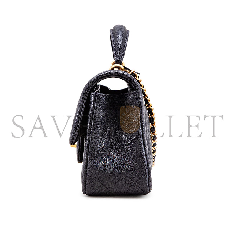 Ch**el MASTER BLACK QUILTED GRAINED CALFSKIN MINI FLAP WITH TOP HANDLE GOLD HARDWARE (20*12*6cm)
